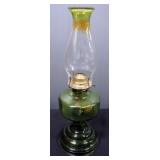 Green Colored Glass Oil Lamp With Green Tinted Hurricane Shade