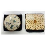 Vintage Stratton Enamel Compacts, One Round Petal Edged With Butterfly Design 3", And Petal Edged 2.
