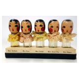 Dionne Floral Quintuplets Perfume by Karoff Glass Bottles Ribbon Collars Wood Doll Heads, With Origi