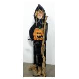 Happy Halloween Free Standing Wood Witch With Cat And Pumpkin, 55"H x 16"W x 18"D