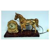 United Self Starting Table Clock With Gold Toned Horse, 11" H x 17" W, Powers On