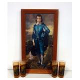 Print Of "Blue Boy" By Thomas Gainsborough, Framed, 15" W x 27" H And Set Of 4 "Blue Boy" Glass Tumb