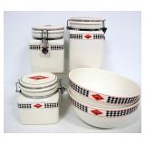 Coca-Cola Diamond Pattern Ceramic Mixing Bowl And Canister Set By Gibson, Includes 3 Canisters And 2