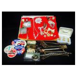 Assorted Jewelry Pins, Political Buttons, Necklaces, Hat Pins, Letter Openers, Monogrammed Buttons A