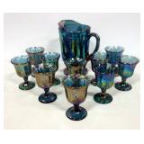 Carnival Glass Pitcher And Goblet Set (10 Goblets), With Embossed Grape And Leaf Design