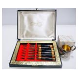 Peeredge 24K Gold Trimmed 6 Pc Stainless Knife Set And 1847 Rogers Bros. Flare Pattern Cup In Box