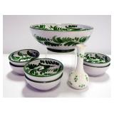 Ceramic Hand Painted Bowls With Floral And Leaf Design, Qty 7 And Ceramic Bud Vase With Clover Desig