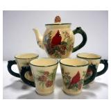 Pacific Rim Hand-Painted Ceramic Teapot And 4 Cup Set, With Cardinal And Pinecone Design