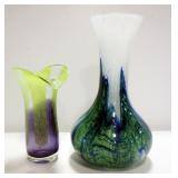Two Glass Vases With Abstract Color Spread Design, 8" And 12" Heights