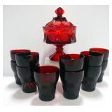 Vintage Fostoria Ruby Red 1887 Coin Glass Lidded Pedestal Candy Dish And 11 Ruby Red Glass Cups