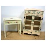 Floral Designed 3-Shelf Storage Cabinet With 2 Glass Doors And Single Drawer And Floral Wood Side Ta