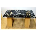 Table With Glass Top With Floral And Garden Design On 2 Wood A-Frame Legs With Shelves, 2" H x 59" W