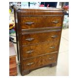 Antique Waterfall 4 Drawer Chest Of Drawers On Caster Wheels, Brass Pulls, Dovetail Construction, 46