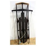 Primitive Steerable Wooden Sled With Thin Metal Runners And Rope To Steer, 56" Long