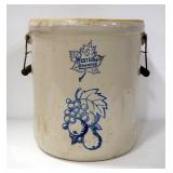 Western Stoneware Co. 6 Gallon Crock, With Blue Fruit Image And Wire And Wood Side Handles