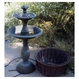 2 Tiered Concrete Bird Bath, 42" Tall, 21" Round And 23" Round Metal Planter