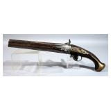 Antique Double Rotating Barrel Percussion Cap Pistol, Marked G E Collicot, Brass Trigger Guard And B Antique Double Rotating Barrel Percussion Cap Pistol, Marked G E Collicot, Brass Trigger Guard And B