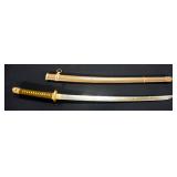 Katana Sword, Gold Toned Hilt, Copper Colored Pommel, With Scabbard Katana Sword, Gold Toned Hilt, Copper Colored Pommel, With Scabbard