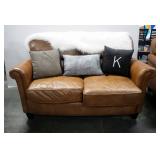 Lane Home Furnishing Leather Upholstered Loveseat 36" x 64" x 37", Throw Pillows And Faux Fur Throw