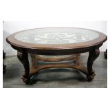 Oval Solid Wood Coffee Table With Beveled Glass Top, 20" H x 48" W x 34" D