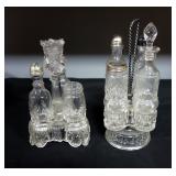 Two Glass Cruet Sets, Includes Vinegar, Salt And Pepper