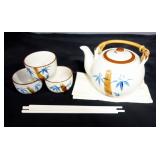 Chi Kiang Stoneware Teapot With Bamboo Handle And 3 Matching Tea Cups, Chopsticks (2) And 3 Wood Tra