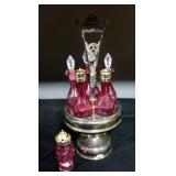 Antique Colored Glass Cruet Set, Includes 6 Bottles And Stand