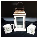 Decorative Wood Lantern Box And Porcelain Cream And Sugar Set