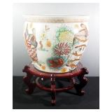 Ceramic Bird And Floral Pot, 11" H x 13.75" Dia, On Wood Stand