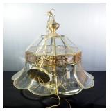 Ceiling Mounted Glass And Brass Chandelier, Etched Floral Design In Glass, Hardwired