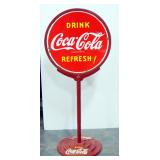 Vintage Coca-Cola Double- Sided Advertising "Lollipop" Stand With Cast Iron Base, 65" H, 30" Diamete
