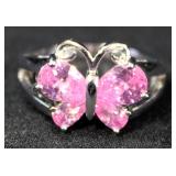 Sterling Silver Ring, Size 5, With Pink Stones In Butterfly Setting