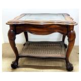 Wood And Glass End Table With Cane Lower Shelf, 21" H x 28" W x 24" D