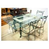 Glass Topped Dining Table With Beveled Edge, 30" H x 42" W x 72" L, With 5 Matching Metal Chairs Wit