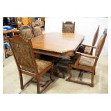 Wood Dining Room Table With Carved Wood Edges, On Wheels, 30" H x 61" L x 47.5" W, With 6 Matching U