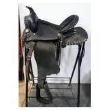 17" Western Show Saddle, With Silver Hardware And Accents, Rough Out Seat, Stirrups, And Billets