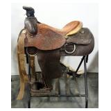 Longhorn 17" Tooled Leather Western Saddle With Covered Stirrups, Girth And Billets, Stand Not Inclu