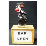 Bar Open Lighted Sign With Ceramic Red Nosed Drunk On Top, 15" High, Powers On