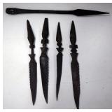 African Inspired Wood Knife Art, Approx 15" Long, Qty 4 And Wood Spear, 19" Long