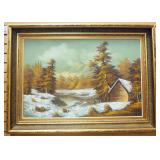 Original Oil On Canvas By S. Walford Of Cabin By Lake In Mountains, Framed, 43.5" W x 31.75" W