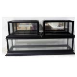 Three Display Cases For Diecast Cars, Wood Framed, 1 Is 7" H x 28" W x 8" D With Mirrored Bottom, 2 