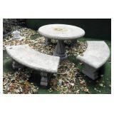 Cast Concrete Patio Set With Pedestal Table And Curved Benches, Qty 3 30" T X 42" Round, Benches: 17