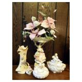 Hand Painted Porcelain Collectibles Including 14" Bouquet Stand, 11" Vase, Bowls With Lids And More