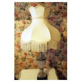 35" Cut Glass Table Lamps With Stone Base And Fringed Fabric Shades, Qty 2
