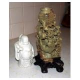 10" Tall Asian Stone Carving With Lion Family With A Porcelain Buddha