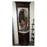 Solid Wood Hall Tree With Marble Table Top And Mirrored Contents Include Floral Arrangement In Glass