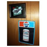 Vintage Metal Pepsi/Budweiser Advertisement Sign, 27" x 19" And Mirrored Miller High Life Framed Bar
