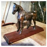 Collectible Cast Metal Horse On Wood Stand, 11" x 15"