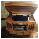 Reproduction Classic Turntable Stereo, CD, Cassette Player, Powers On Includes Cassette Collcetion