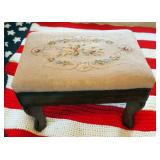 Antique Solid Wood Foot Stool With Embroidered Top